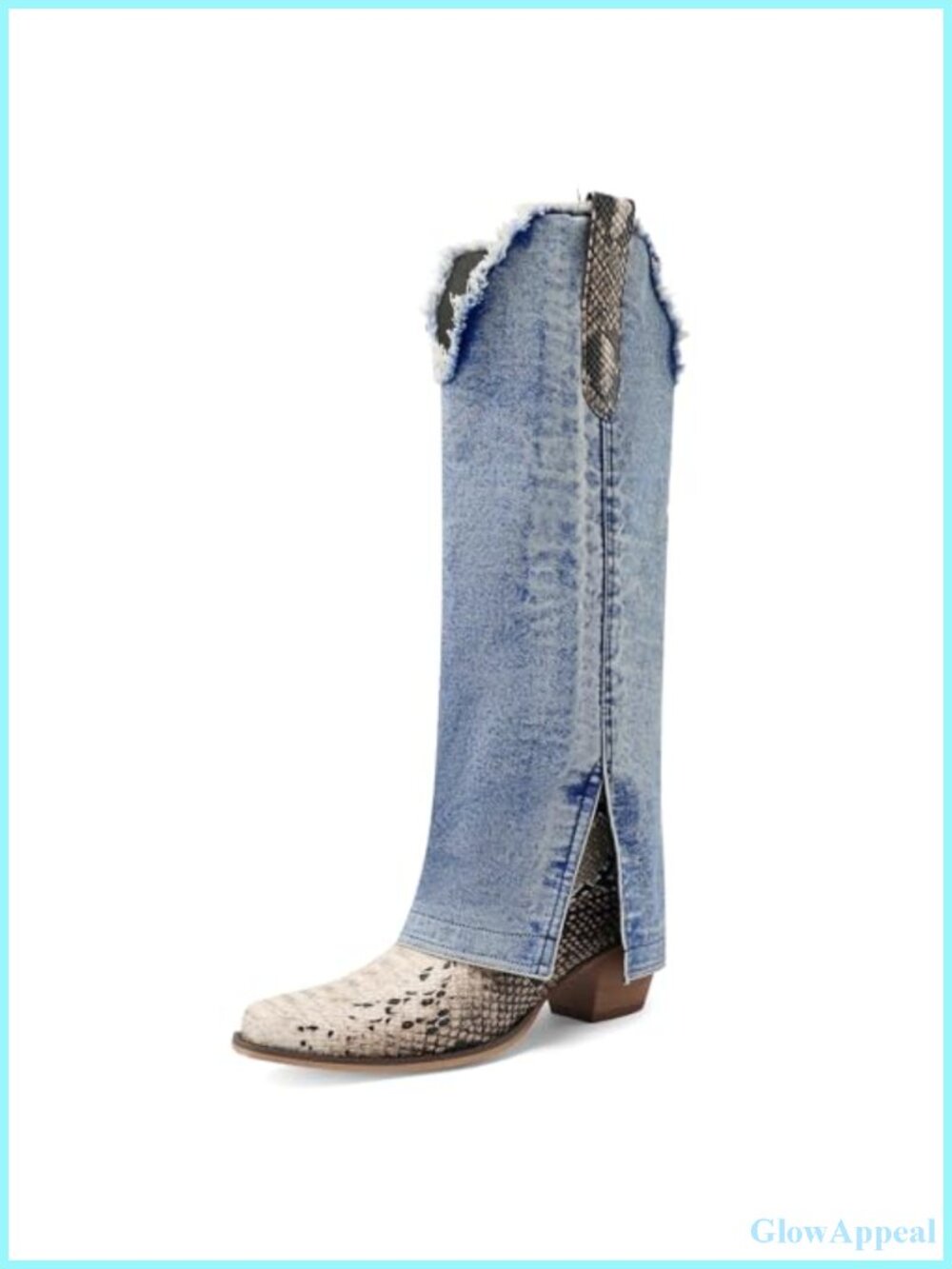 Womens Denim Knee High Cowboy Boots Pointed Toe Block Heel Pull On
